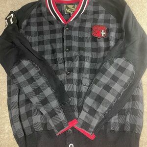 Live Mechanics Men's Black and Gray Checkered Cardigan